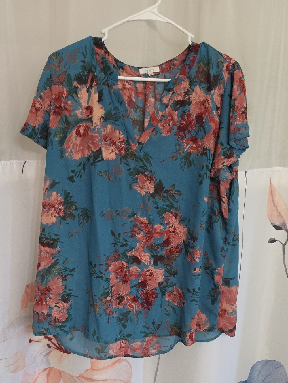 Maurices Teal Floral V-Neck Blouse